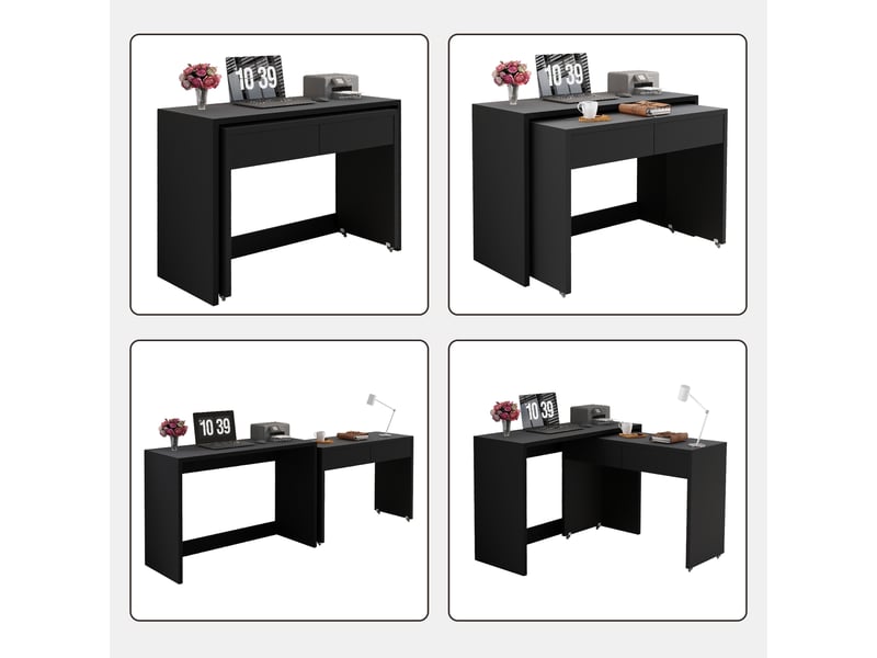 Bureau pliant multifonctionnel avec 2 tiroirs, 4 roulettes et frein, pour bureau, chambre et salon, 110×40×78 cm