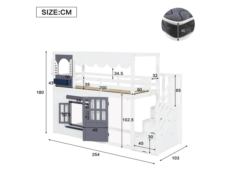  Lit mezzanine enfant avec escalier de rangement, couchage 90x200 cm, design cabane blanc et bleu avec porte et fenêtres ouvrantes  - Conforama C