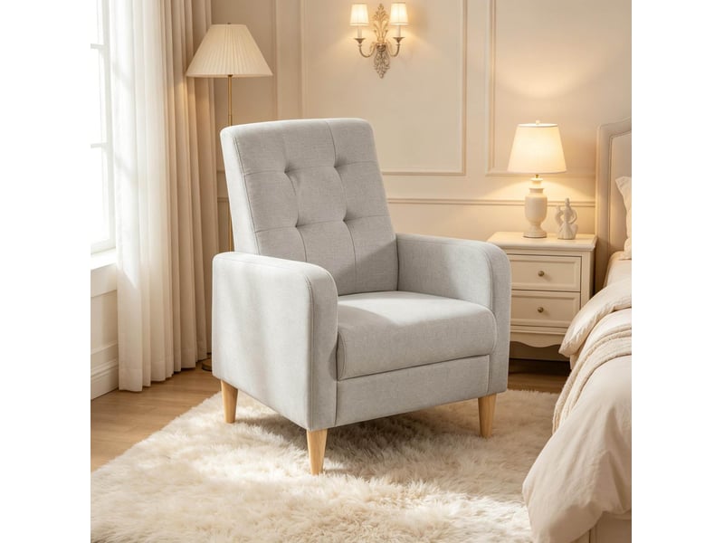 Fauteuil de chambre avec dossier haut ergonomique et accoudoirs, capitonné en lin gris clair, 51 × 48 cm - Conforama B