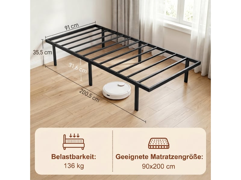  Lit simple 90x200 cm, lit enfant, sommier à lattes, métal noir, rangement  - Conforama D