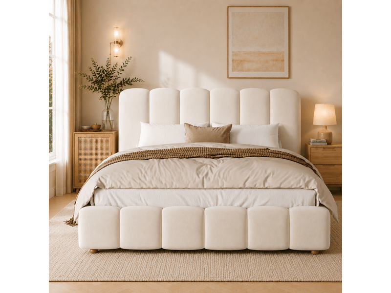 Lit coffre rembourré 140 x 190 cm en velours beige, tête de lit à lignes verticales, sommier à lattes N634U0112B - Conforama E
