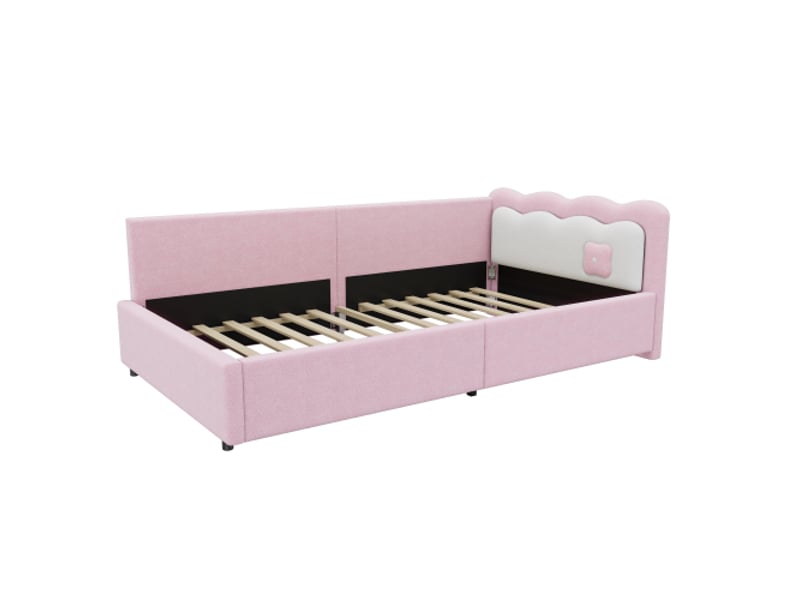  Lit enfant 90x200 cm, avec tête de lit et led télécommandée, avec lattes, en tissu, rose, sans matelas  - Conforama E