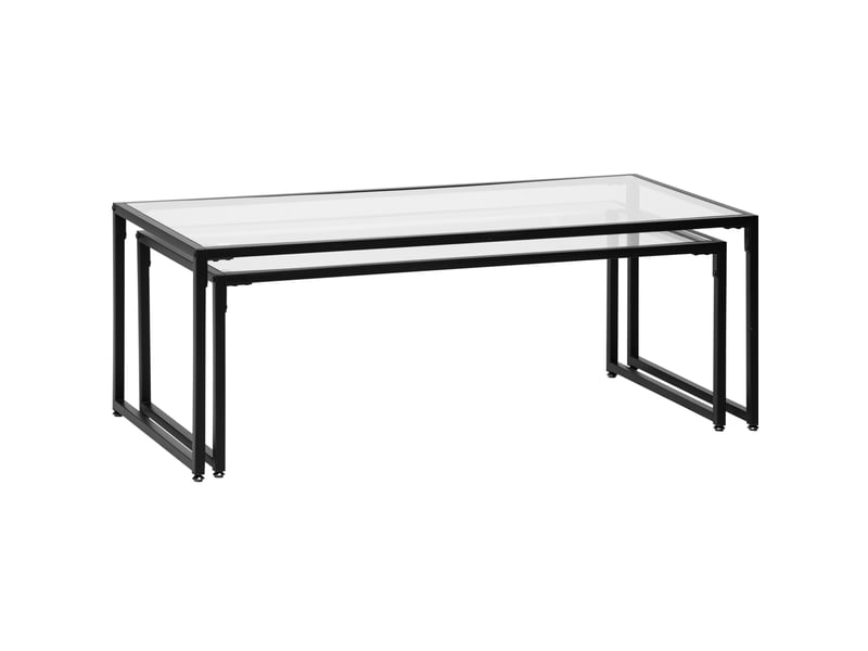 2 tables basses gigognes avec plateaux en verre trempé et pieds réglables pour salon en acier noir transparent - Conforama A