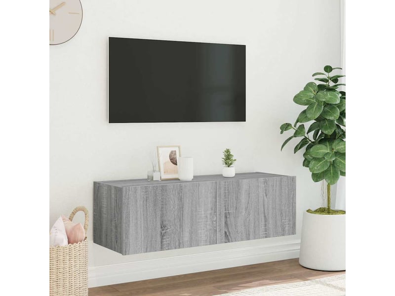 Meuble tv - banc tv - meuble de rangement mural avec lumières led sonoma gris 100x35x31 cm - Conforama E