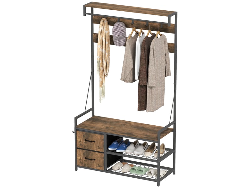  Porte-manteau avec double étagère à chaussures, 10 crochets réglables, 2 tiroirs et barre de suspension, 100 x 40 x 180 cm, marron rustique  - Conforama B