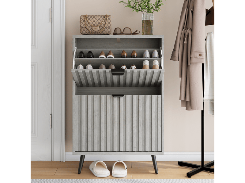  Meuble à chaussures gris 60x24x94 cm avec portes abattantes et panneaux rainurés mdf pour entrée et couloir  - Conforama W