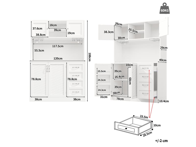  Armoire de cuisine, avec éclairage led, 120 x 40 x 188 cm, avec 4 portes, coloris vert et noir et blanc, solution de rangement fonctionnelle  - Conforama R