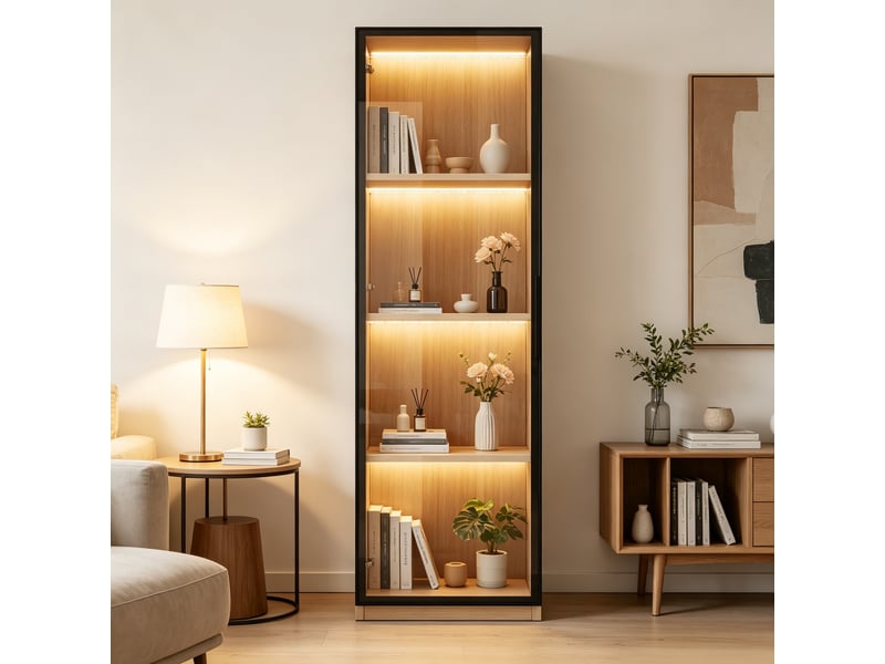  Vitrine haute 40 x 40 x 165 cm – chêne clair – porte en verre trempé, led multicolore, fermeture douce  - Conforama E