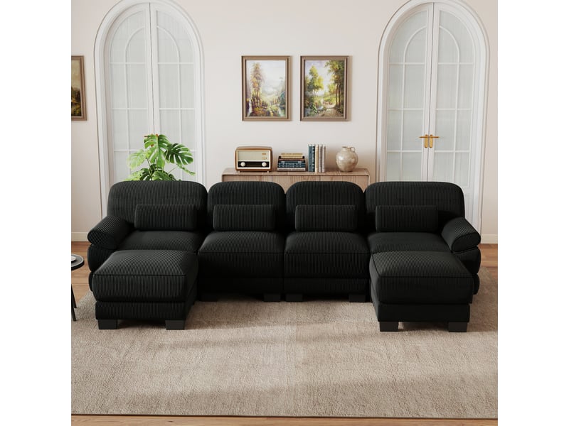 Canapé modulable en u 4 places 336x 161x 94 cm, coussins garnis, assise profonde, 2 poufs, en velours côtelé, noir - Conforama E