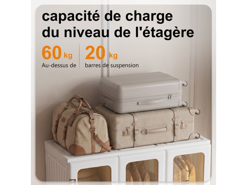  Armoire de rangement pliable en pp,12 compartiments + 2 tringle, portes transparentes pet,pour chambre,blanc,104x50x136 cm  - Conforama W