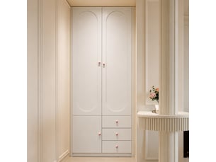 Armoire enfant 2 portes avec tiroirs, penderie, mdf blanc, poignées en céramique rose, finition laquée