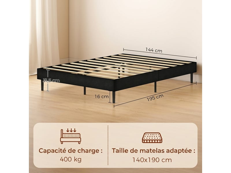  Sommier tapissier déco 10 lattes avec pieds 140x190cm tissu chenille gris  - Conforama C