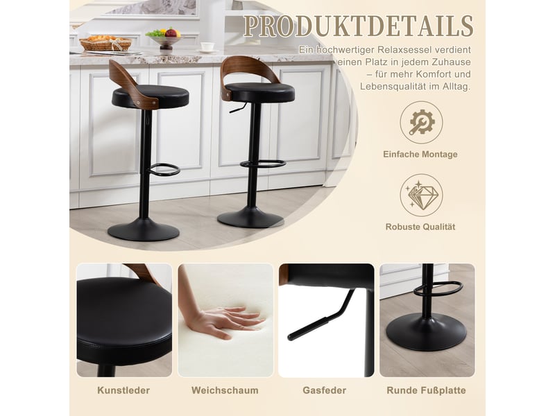  Lot de 2 tabourets de bar pivotants 360° avec dossier, hauteur réglable et repose-pieds, en pu noir  - Conforama E