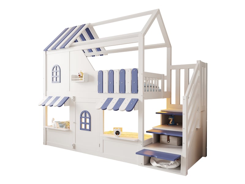  Lit mezzanine enfant 90×200 cm led, étagères et échelle de rangement - sans matelas, bois - blanc et bleu  - Conforama A