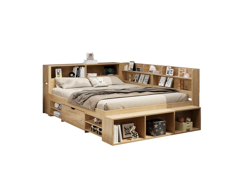  Lit enfant 140x200 cm avec rangements et recharge sans fil, coloris bois naturel  - Conforama A