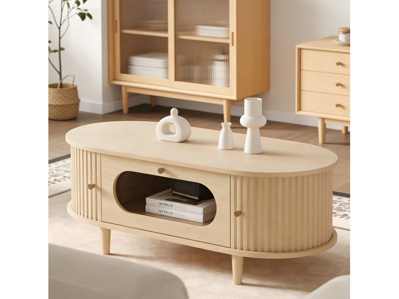 Table basse 100x50x36 cm avec tiroir et 2 portes à rideau, finition chêne - Conforama D