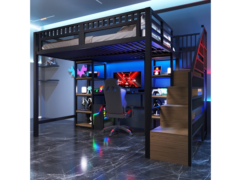  Lit mezzanine 140 x 200 cm avec bureau intégré, rangements et bandeau led, structure métal et mdf, noir  - Conforama W