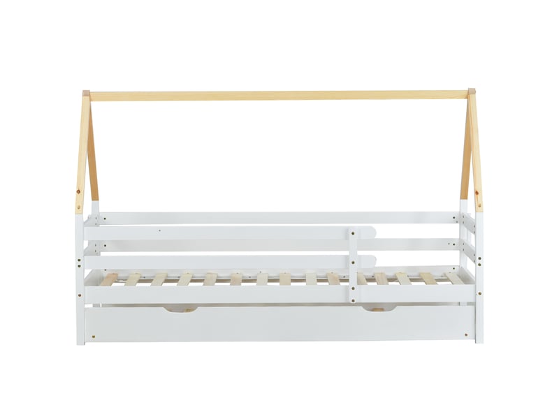  Lit gigogne enfant avec lit inférieur coulissant sur roulettes, structure en pin et contreplaqué blanc  - Conforama W