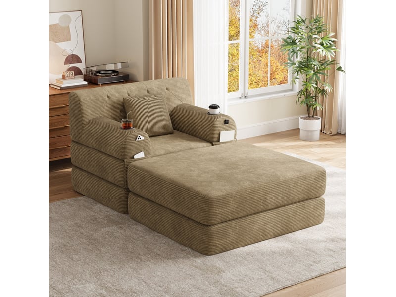  Fauteuil convertible 1 place modenvie avec repose-pieds, fonction couchage, velours côtelé kaki, 4 poches et 2 porte-gobelets, 107 x 162 x 81 cm  - Conforama D