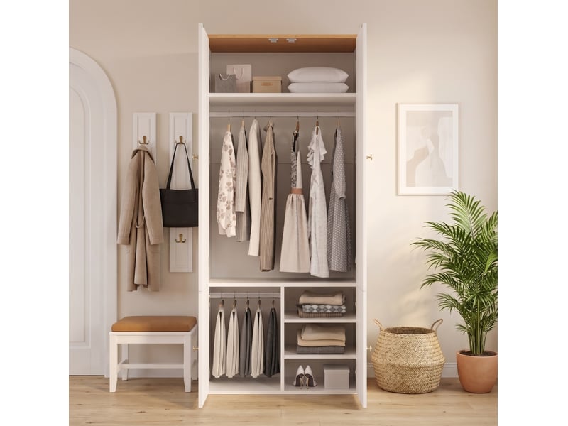  Armoire 90x50x200 cm mdf avec 2 tringles et 4 compartiments blanc et bois  - Conforama E