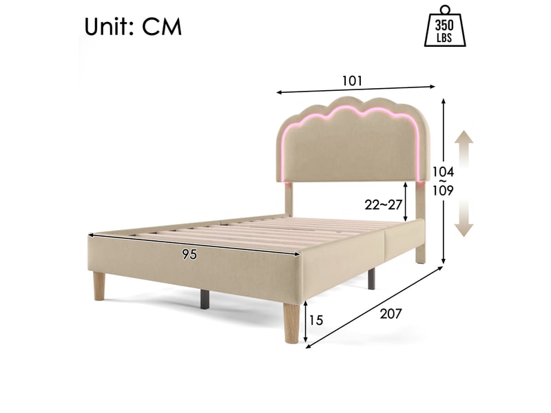  Lit simple led 90x200 cm beige avec tête de lit réglable  - Conforama E