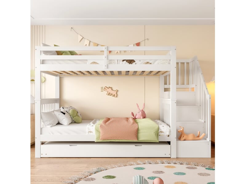  Lit superposé enfant 90x200 cm avec lit gigogne et escalier de rangement blanc  - Conforama E
