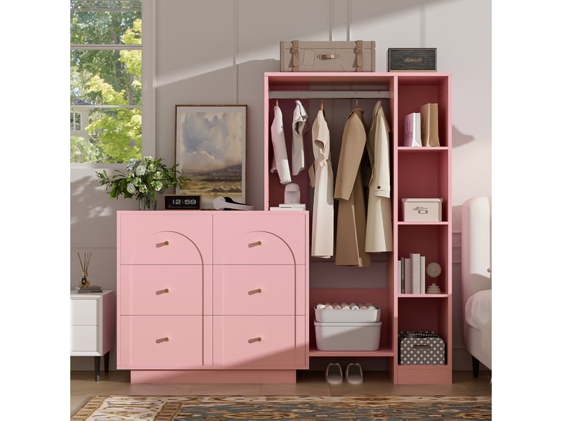  Armoire penderie rose 6 tiroirs, dressing ouvert métal et bois, vestiaire chambre enfant 139x35x133 cm  - Conforama R