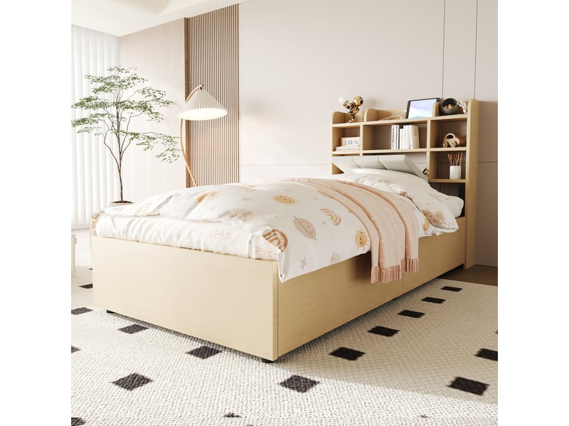  Lit simple 90 x 200 cm avec usb et tape-c, lit coffre, cadre de lit adulte en bois, tête de lit avec espace de rangement, beige  - Conforama D