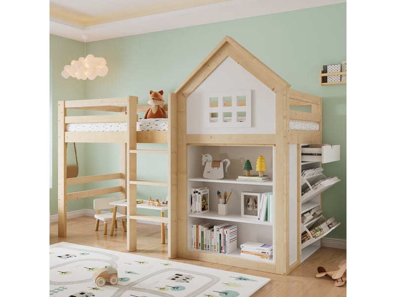 Lit mezzanine cabane enfant 90 x 200 cm avec rangements, 3 tiroirs, escalier sécurisé, garde-corps, pin et mdf, blanc et effet bois naturel  - Conforama C