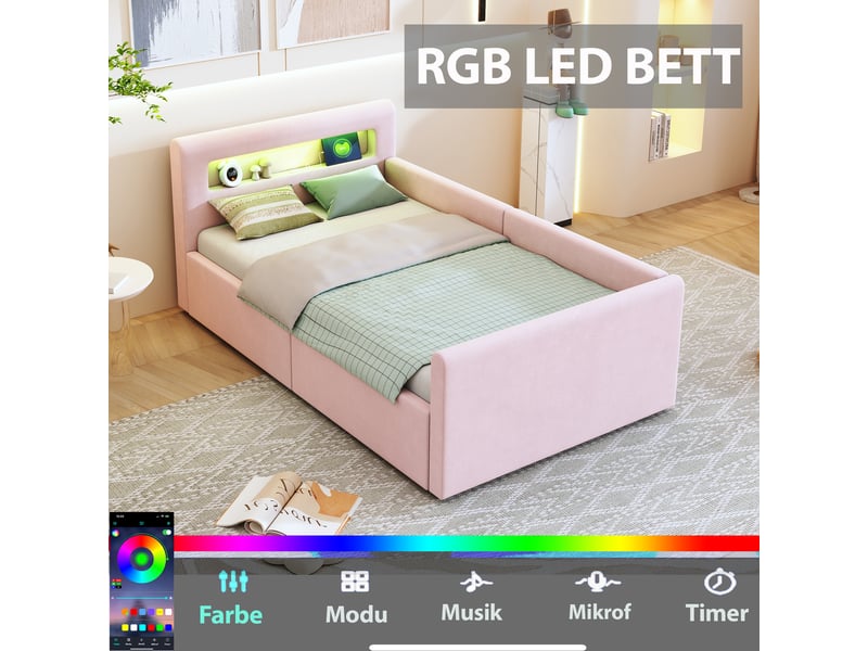 Lit enfant 90x200, velours rose, led, usb, étagère et rangement hydraulique - Conforama B