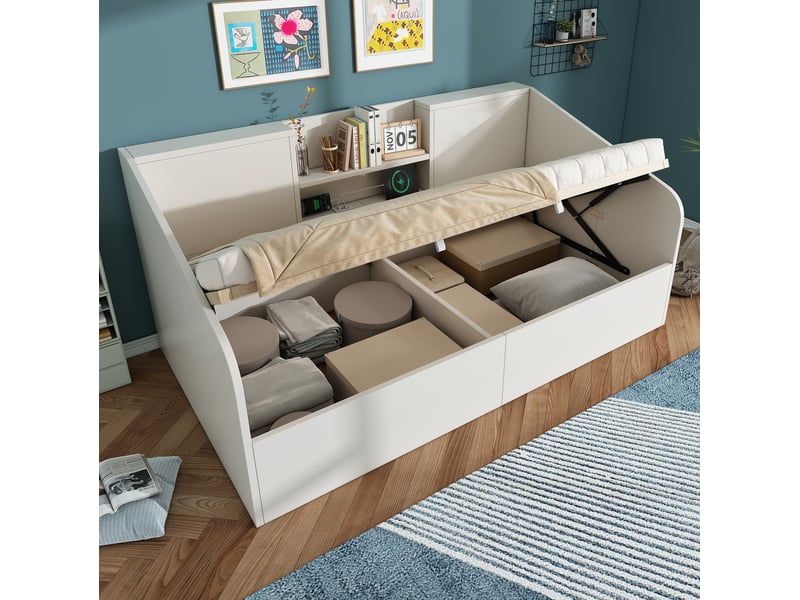 Lit coffre 90 x 190 cm design minimaliste grand rangement ports usb et type-c sommier inclus bois blanc sans matelas - Conforama B