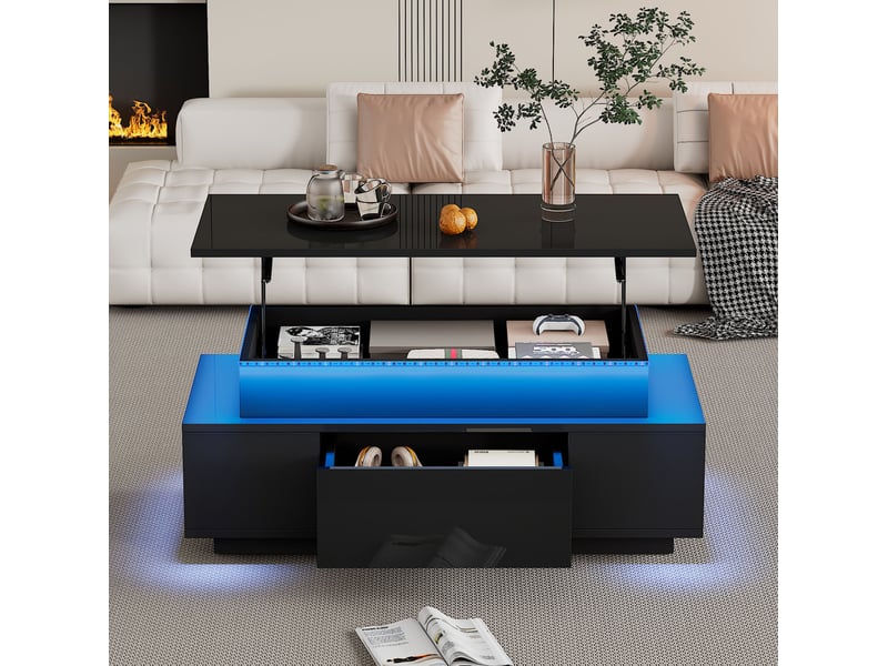  Table basse relevable noire avec led, rangement et tiroir – 96 x 45 x 40 cm  - Conforama C