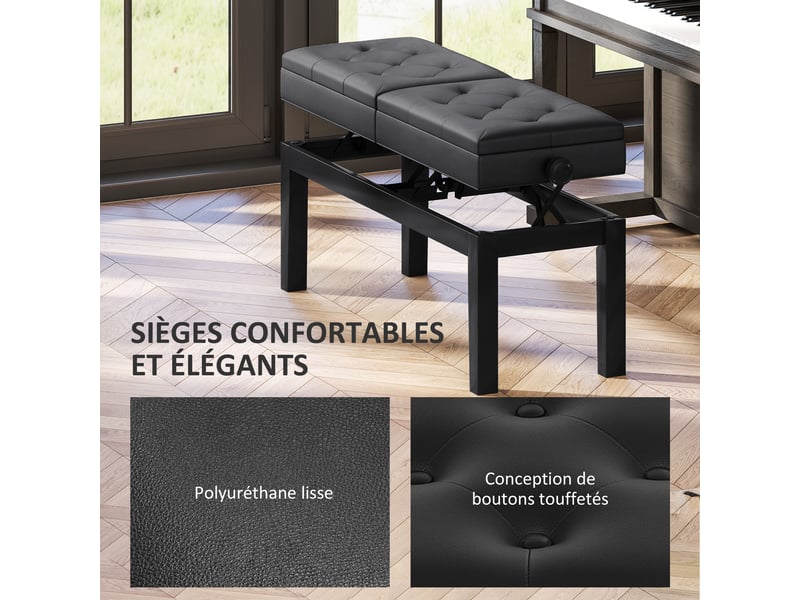 Banc de piano noir réglable en hauteur avec rangement et banquette capitonnée pour clavier  - Conforama E