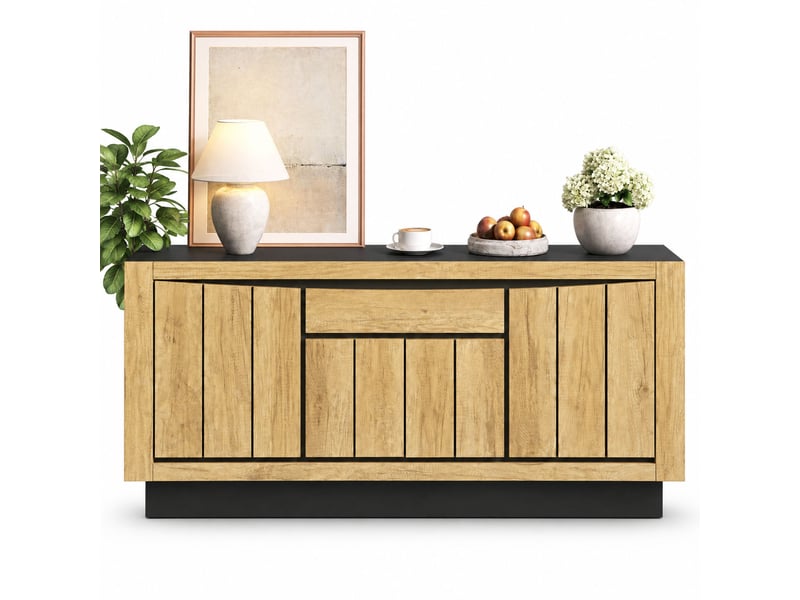  Buffet bas 140x40x60 cm effet bois et noir, meuble de rangement 4 portes avec tiroir mdf, façade sans poignée, style moderne pour salon séjour  - Conforama A