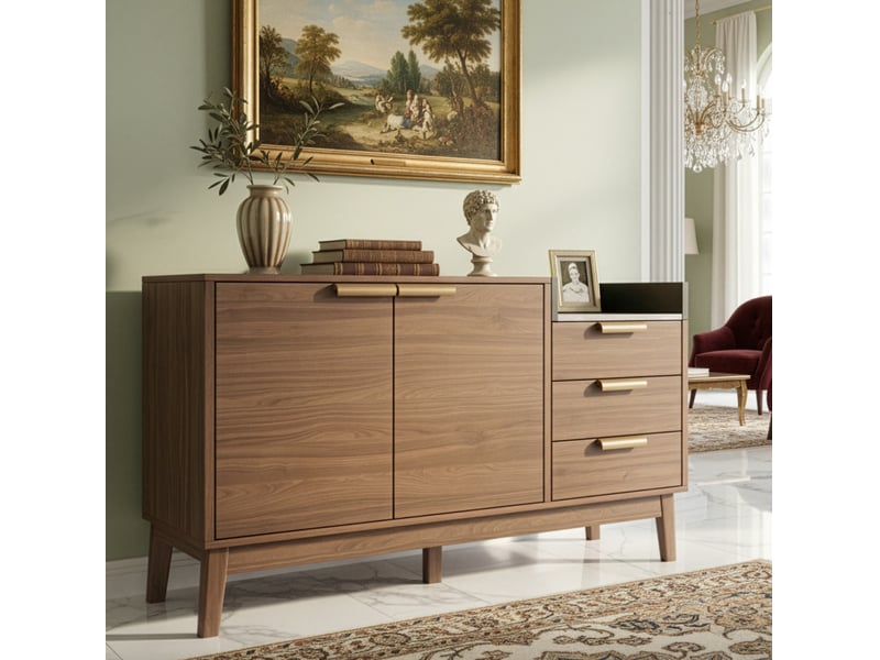  Buffet bas chêne foncé avec plateau effet marbre, 3 tiroirs, 2 portes et rangement ouvert, 120 x 40 x 77 cm  - Conforama D