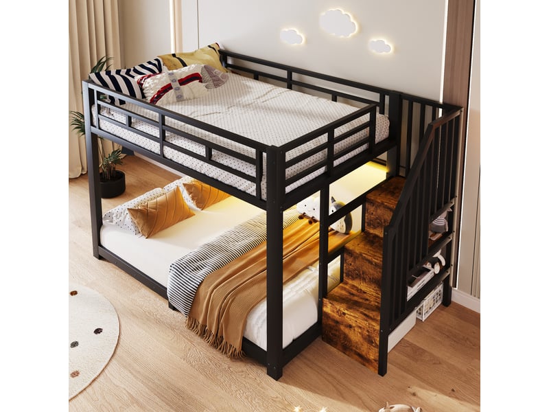  Lit superposé 140 x 200 cm, avec led, escalier avec rangement, 3 compartiments, garde-corps, sans matelas, métal, noir OMNIGLINT TRADING LTD - Conforama E
