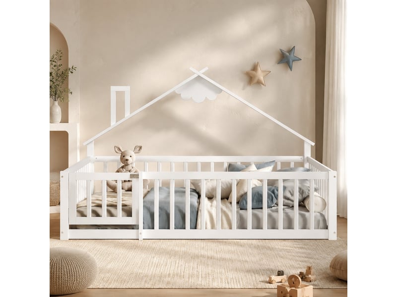  Lit enfant maison 140x190 cm, assemblage facile, barrière 32 cm avec serrure, design cabane, bois mdf, blanc, sans matelas  - Conforama B