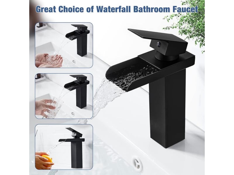  Robinet cascade noir moderne, lavabo, bec hauteur 140mm, laiton, eau chaudefroide  - Conforama D