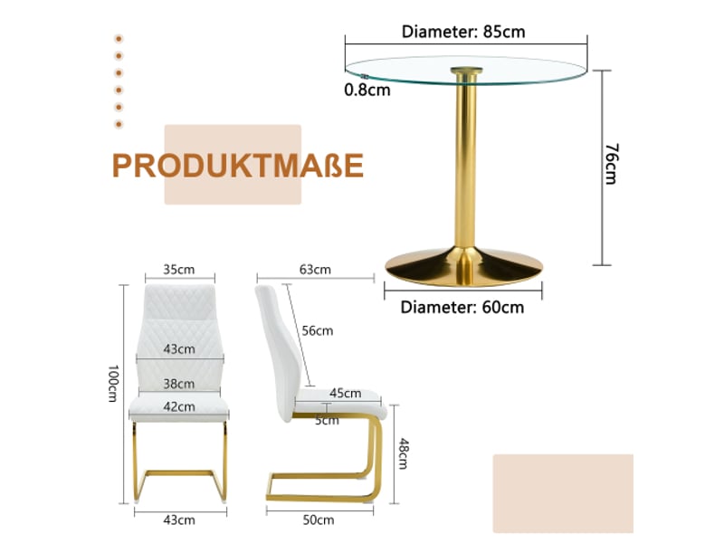  Table ronde en verre ø85 cm, pieds dorés – ensemble chic et léger avec 2 chaises blanches et dorées  - Conforama C