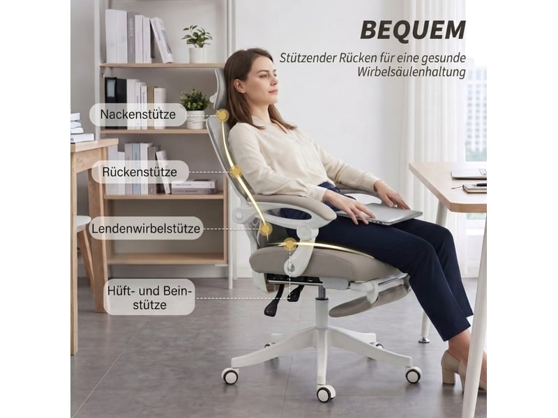  Fauteuil de bureau ergonomique gris, avec repose-pieds, dossier inclinable à 135° et soutien lombaire  - Conforama D
