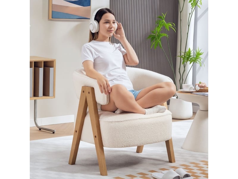  Chaise fauteuil rembourré revêtement en polaire chaise d'accent accoudoirs piètement en bois cadre métal coloris blanc  - Conforama B