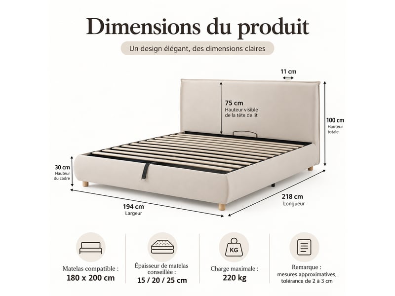 Lit double rembourré 180x200 cm avec rangement hydraulique, sommier à lattes, tête de lit capitonnée, pieds en bois massif, velours crème IKSETERA TRADING LTD - Conforama C