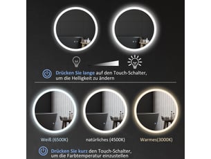 Miroir de salle de bains led rond 70 cm, 3 teintes et antibuée