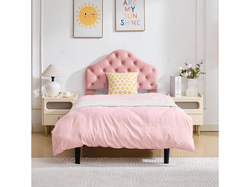  Lit simple 90x200cm en velours rose - tête de lit réglable en forme de nuage, lattes en bois massif  - Conforama D