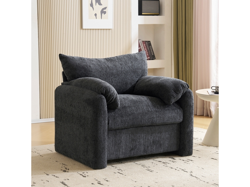 Fauteuil 1 place grande largeur 96 cm en chenille, fauteuil lounge confortable avec coussins d’accoudoirs, structure robuste, pour salon et chambre - gris - Conforama B