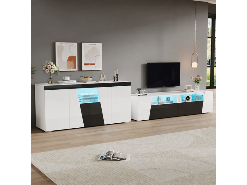  Ensemble meuble tv et buffet de salon avec éclairage led, meuble tv 180 x 38,5 x 45 cm et buffet 140 x 40 x 65 cm, noir et blanc  - Conforama B