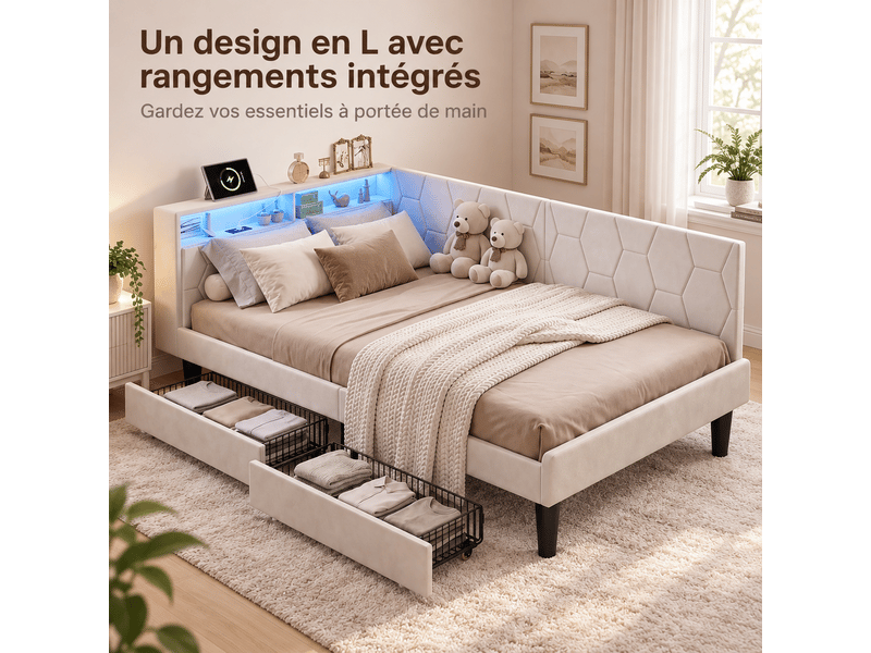  Canapé-lit 90x200 cm avec lampe led et port usb, lit rembourré avec 2 tiroirs, lit simple avec sommier à lattes, lit banquette, lit avec rangement, gris velours, matelas non inclus  - Conforama R