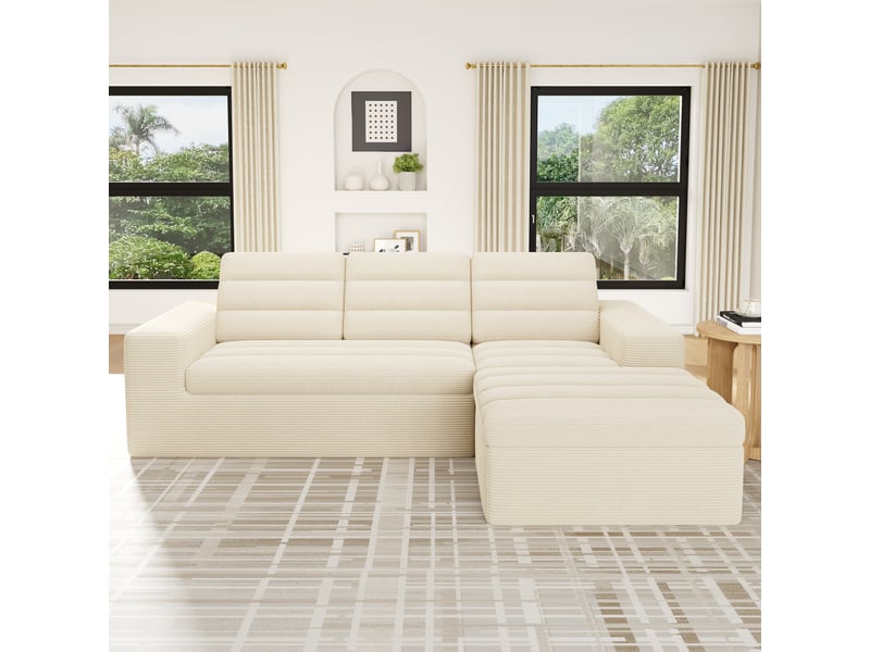 Canapé d'angle modulable 4 places avec pouf - canapé velours côtelé beige sans structure 253cm  - Conforama E