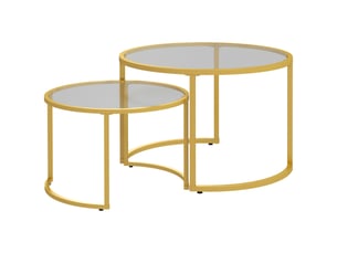 Lot de 2 tables basses gigognes rondes plateau trempé verre et pied en acier au carbone doré