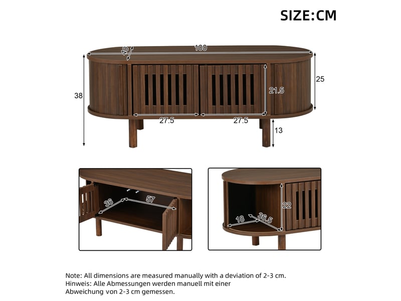  Table basse forme ovale 100x40x38 cm avec rangement en mdf et bois couleur marron, design simple  - Conforama C